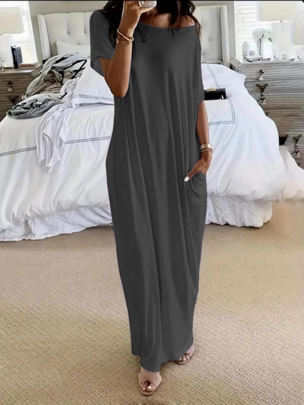 Casual Pure Color Short Sleeve Long Dress Women's Summer New Style Cross-Border TK Loose Waist Milk Fiber Straight Cut Dress