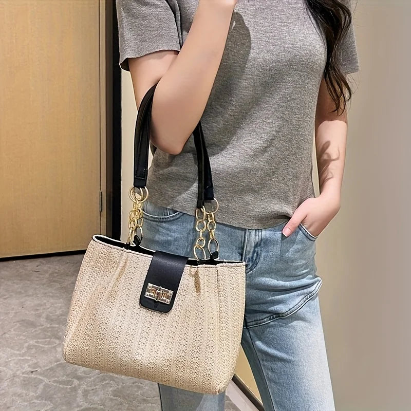 Grass Woven Patchwork Leather Korean Version Shoulder Bag Fashionable Women's Woven Handbag Suitable for Beach Parties Occasion