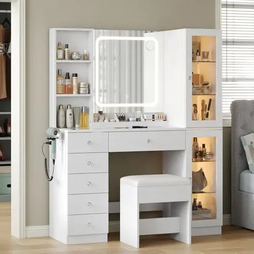 (Local US Inventory)Vanity Desk with LED Mirror and Charging Station Makeup Vanity with 2 Cabinets 3 Open Shelves 6 Drawers and