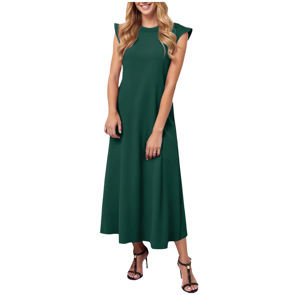 Women's Solid Color Summer Dress Flying Short Sleeve Loose Fit A Line Long Dress Casual Oversized O Neck Beach Vestidos Mujer