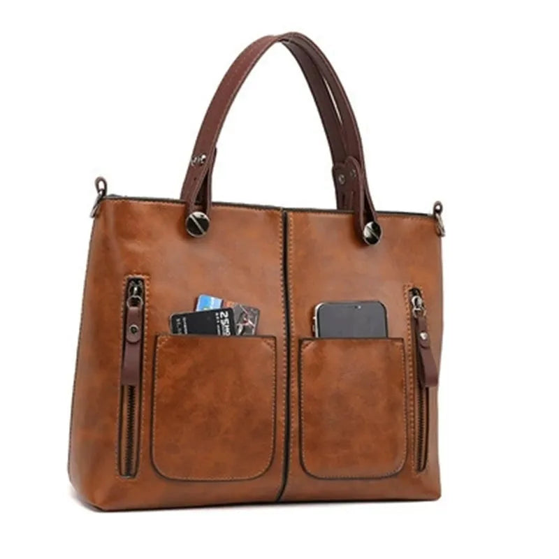 Retro Leather Handbag Shoulder Bag for Women with Double Pocket, Large Capacity, Vintage Lady's Tote Bag, Simple Crossbody Bags