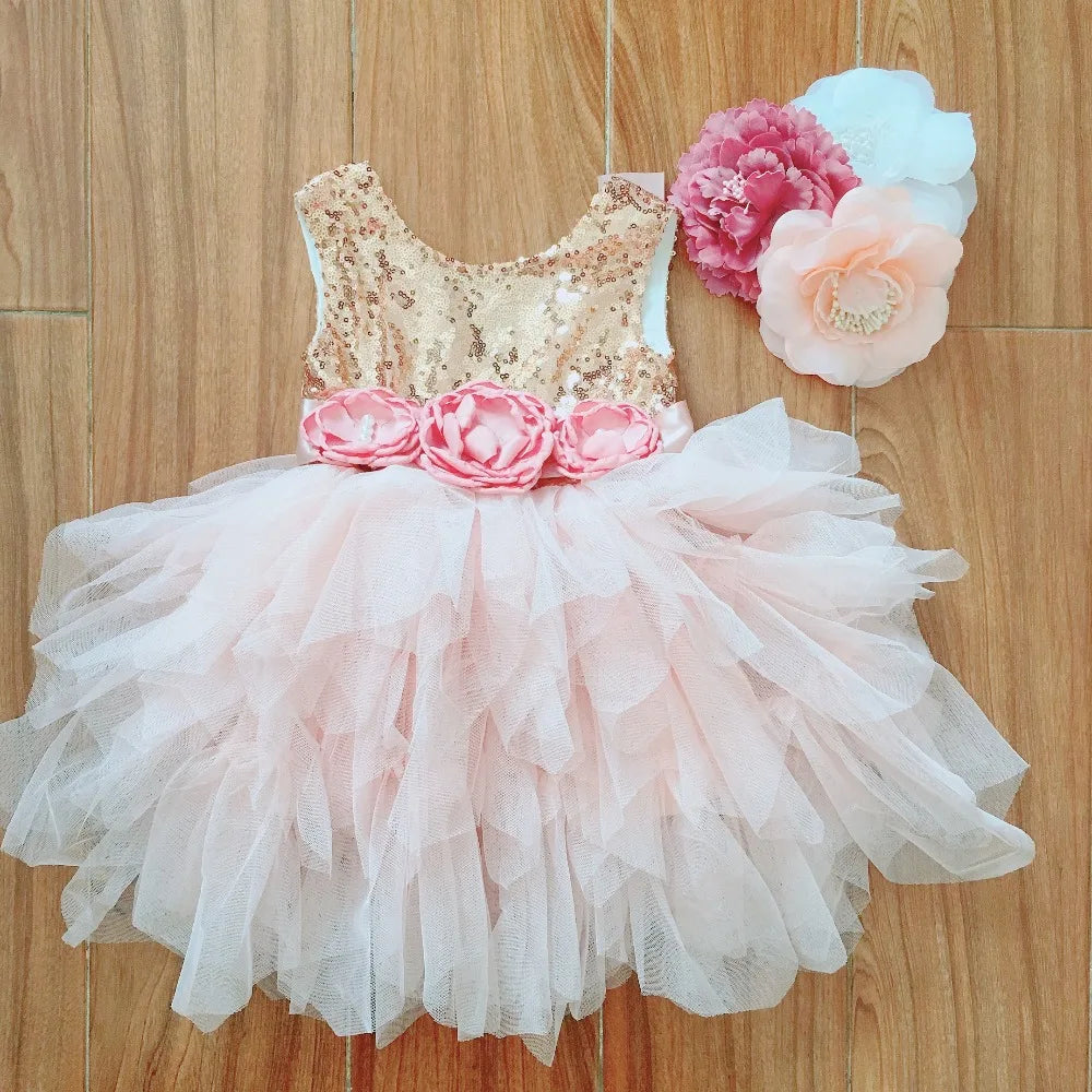 Shinny Flower Girls Christmas Dress for Kids Toddle Party Gown Gold Sequined Layered Tutu Dress Children New Year Dress Clothing