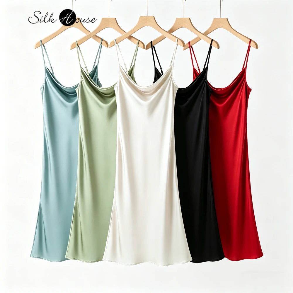 Women's Summer New Style French 100% Natural Mulberry Silk Plain Satin Swing Collar Temperament Camisole Slim Fit Party Dress