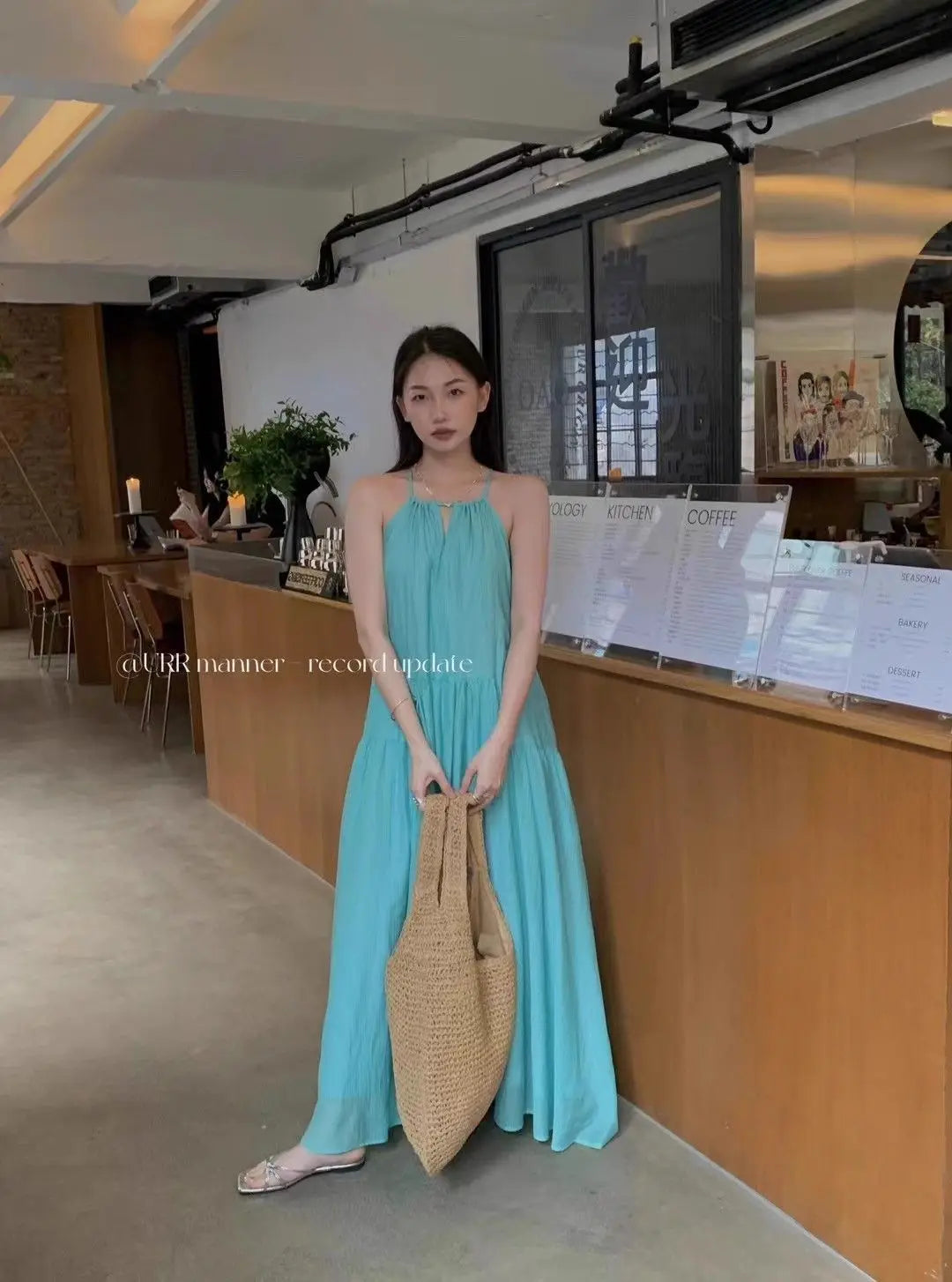 Summer Hollow out Strap Dress Women's Beach Vacation Style Beach Skirt Pleated Lazy Loose Long Dress Loose Waist Design