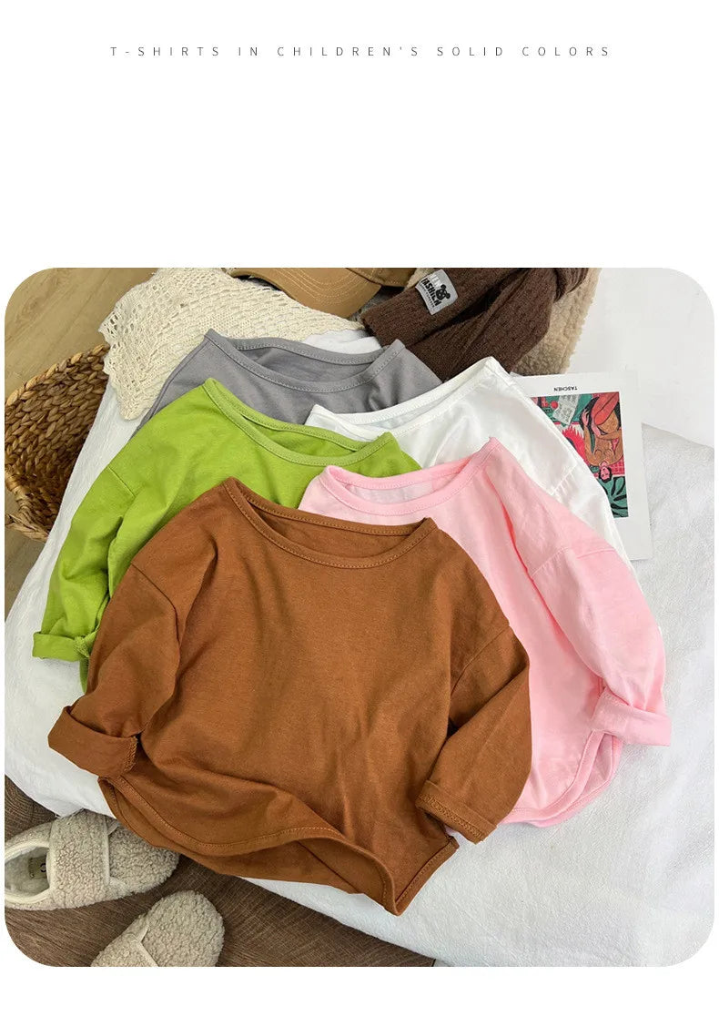 Children Simple Casual Long Sleeves T-shirt Kid Cotton Tops Unique Tees Autumn Spring Boy Girl Baby O-neck Solid Bottoming Shirt