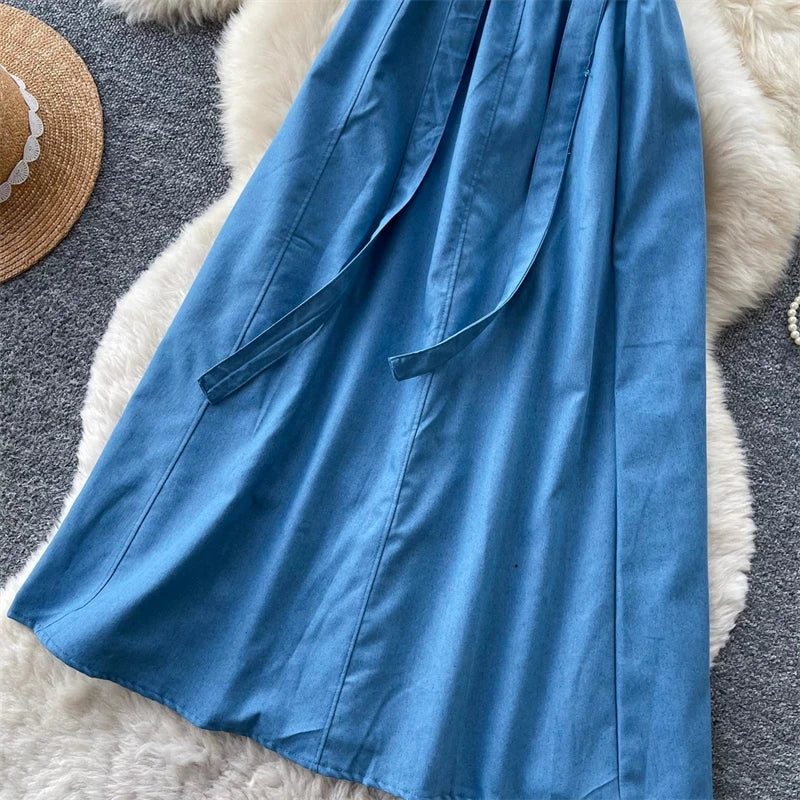 KAROFI Women Bow Tie Elastic Waist Denim Long Skirt Korean A Line Flowy Midi Jeans Skirt Casual Loose Vintage Blue Maxi Skirts