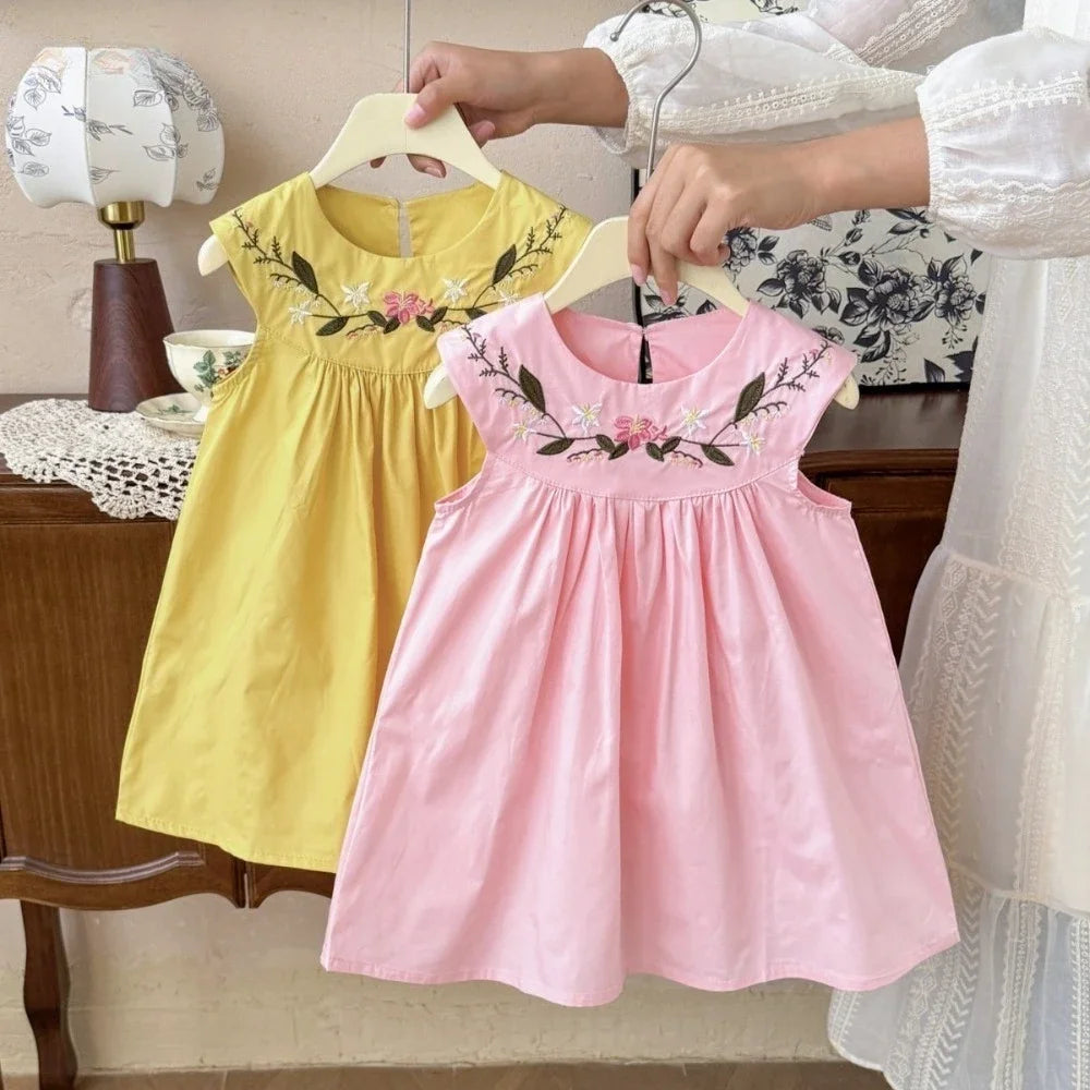 2 To 7 Years Old Flower Embroidery Princess Dress for Girls Summer New Korean Version Sleeveless Children's Casual Dresses