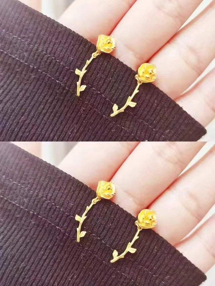 Fashionable Rose Gold Earrings Necklace Set Women's Style Vietnamese Sand Gold Rose Flower Jewelry Copper Plated Geometric Shape