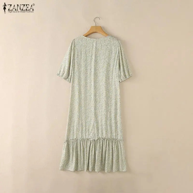 ZANZEA Women's Floral Printed Midi Dress Square Neck Half Puff Sleeve A-Line Dresses Summer Pullover Ruffled Hem Robes Femme