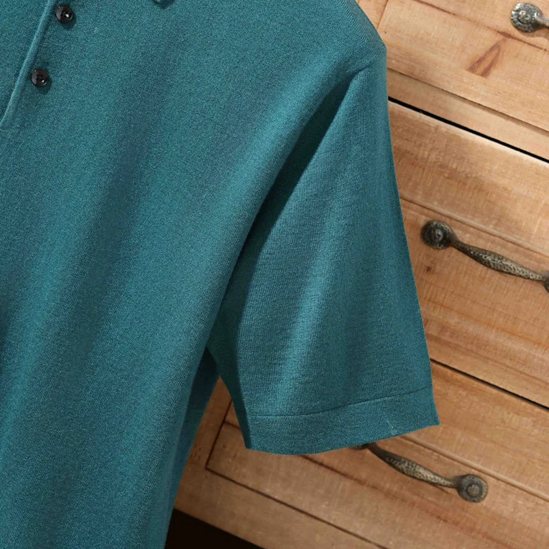 Summer 100% Merino Wool Men'S Lapel Pullover Short Sleeve Polo Neck Sweater Loose Top Business Casual Knit T-Shirt