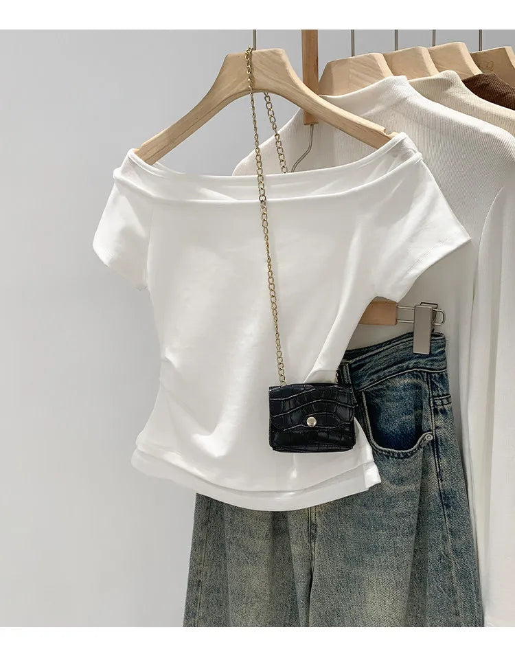 Unique Shoulder-Baring Pink Short-Sleeve T-Shirt Women's Summer New Style Korean Version Slim Fit Commute Style Cotton Material