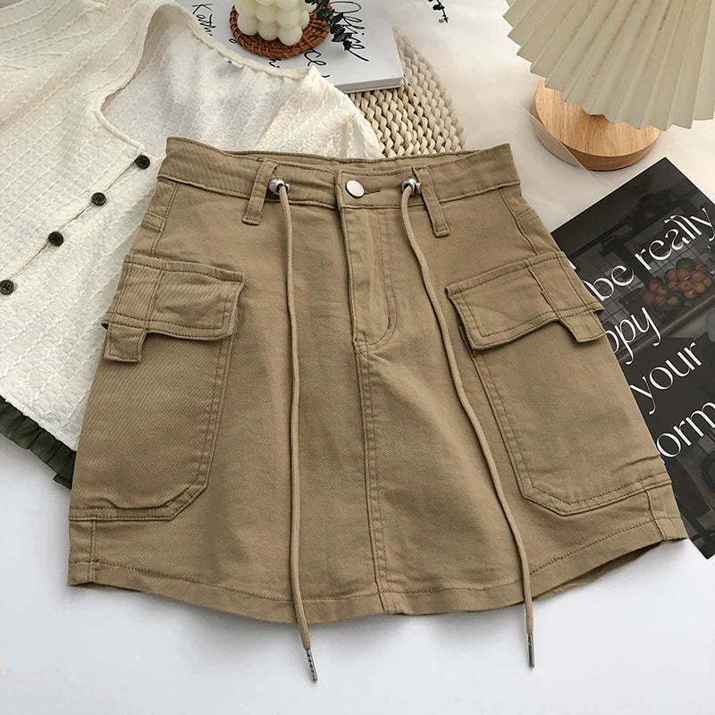Retro High Waist Denim  Skirt Women's Spring Summer Autumn Casual Drawstring Anti-Light Short Skirt Polyester Fiber