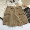 Retro High Waist Denim  Skirt Women's Spring Summer Autumn Casual Drawstring Anti-Light Short Skirt Polyester Fiber