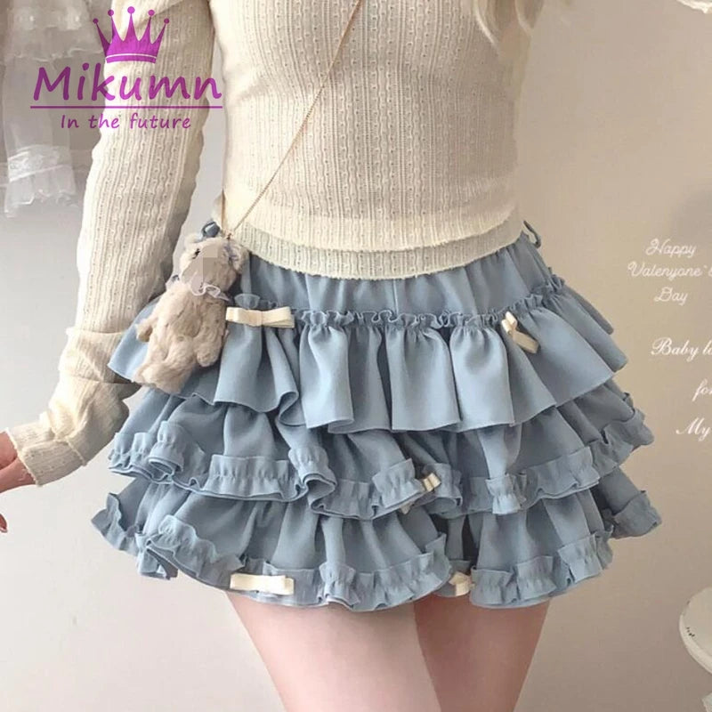 Mikumn Harajuku Sweet Bow Ruffles Mini Skirt Japanese Cute Y2k Elastic Waist Fluffy Pleated Mini Skirts Lolita Kawaii Cake Skirt