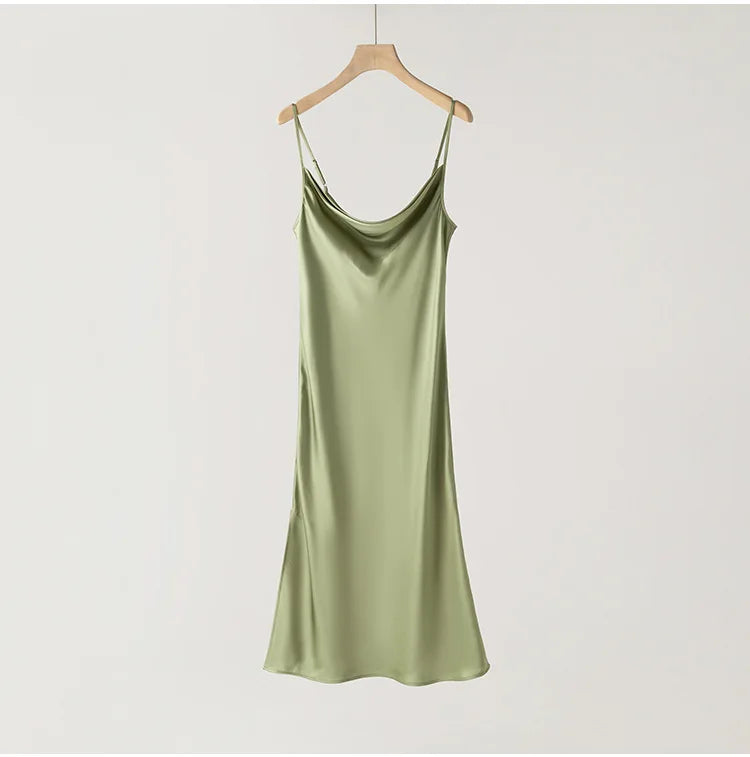Women's Summer New Style French 100% Natural Mulberry Silk Plain Satin Swing Collar Temperament Camisole Slim Fit Party Dress