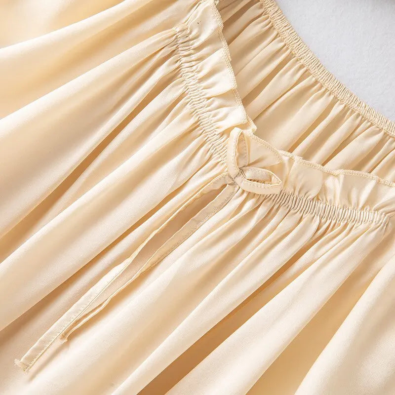 Loose 100%Silk Short Sleeve Nightgown, Summer Medium-long Satin Sleepwear Woman