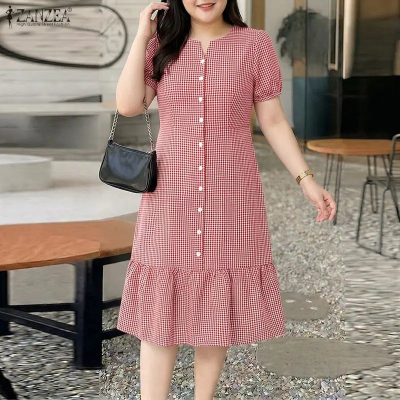 ZANZEA 2026 Summer Sundress Women Elegant OL Work Dress Plaid Checked Short Sleeve A Line Vestidos Robe Stylish Holiday Dresses