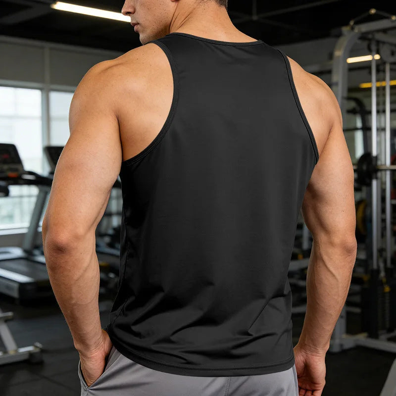 Men's Gym Sports Tank Top Muscle Aesthetic Dry Fast Workwear Polyester Fiber Summer Sport Fit Style Solid Color round Neck
