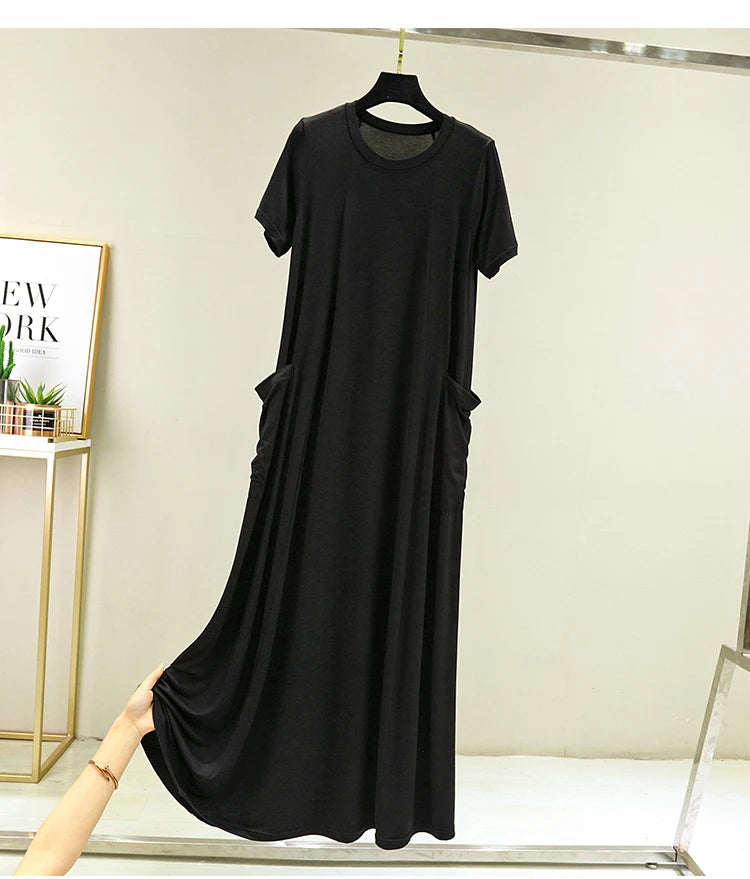 Casual Modal Sleep Dress Women Summer Large Size round Neck over Knee Long Dress Loose Slimming Short Sleeve Dress