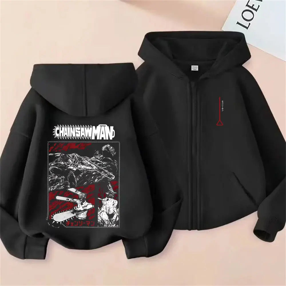 Dshztooma Chainsaw Man Anime Graphic Zip-Up Hoodie - Oversized