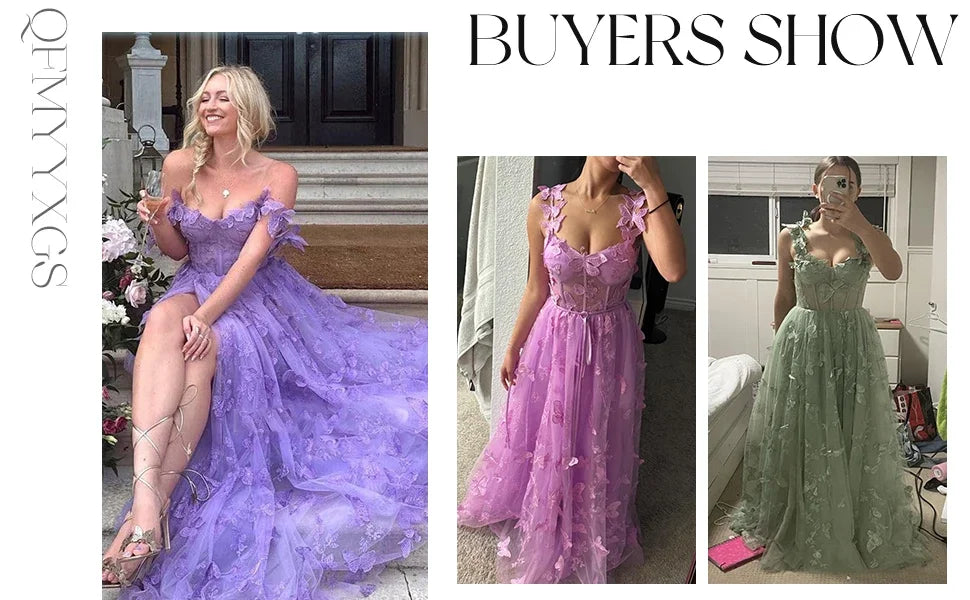 with Lace 3D Butterfly Sexy Slit Ball Gown Evening Dresses Wedding Formal Party Vestidos New Women Corset Long Tulle Prom Dress