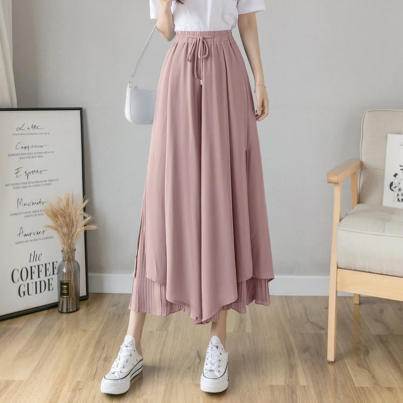 Summer Elastic Pleated Skirt Women Chiffon Trouser Skirt High Waist Casual Wide Leg Pants Fashion Streetwear Pants Pantalones