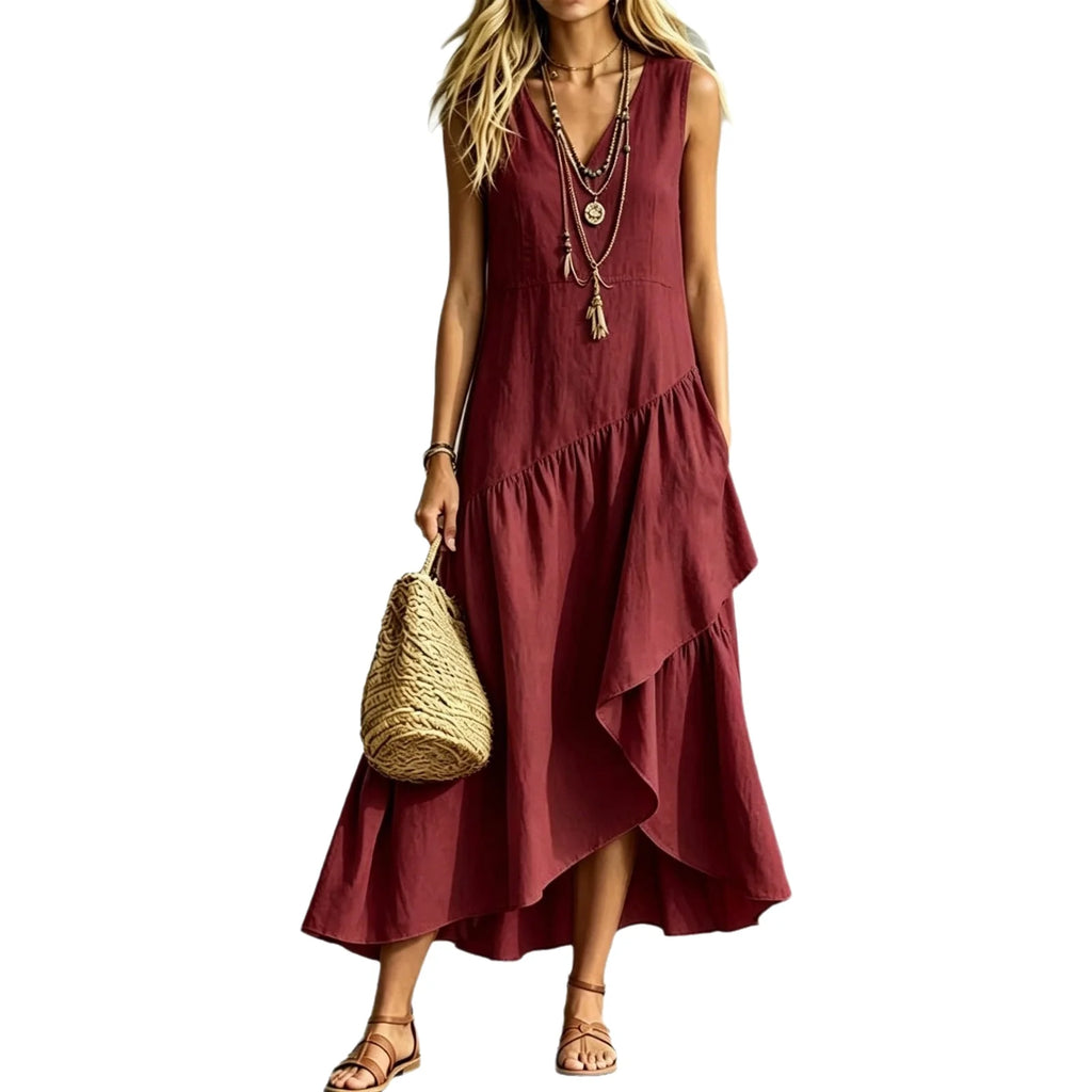 Summer 2026 New Arrival French Style Sleeveless V-Neck Asymmetrical Long Dress with Ruffle Hem Elegant Casual Tourist Wear