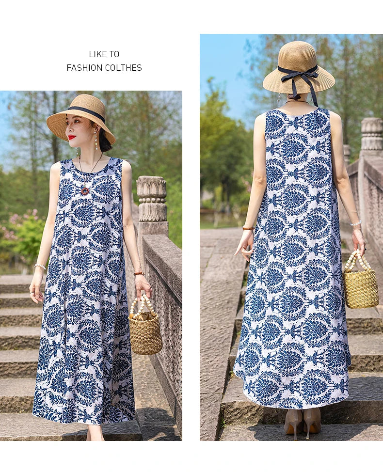 New Women Summer Dresses Vintage Dress FashionRobe Plus Size Sleeveless Femme Casual Print Dresses