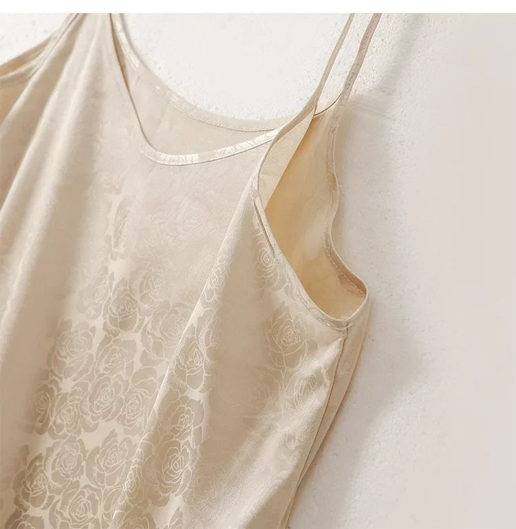 New Arrival Export Quality Genuine Silk Vinegar Satin Round Neck Rose Dress Innertank Skirt Women's Long Dress