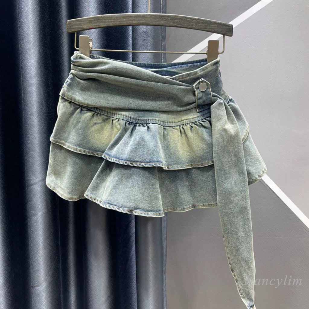 2026 Autumn New Spice Girl Retro Denim Cake Skirt, Women's High Waist Layered Ruffle Leaf Edge Mini Skirt, Blue Black Faldas