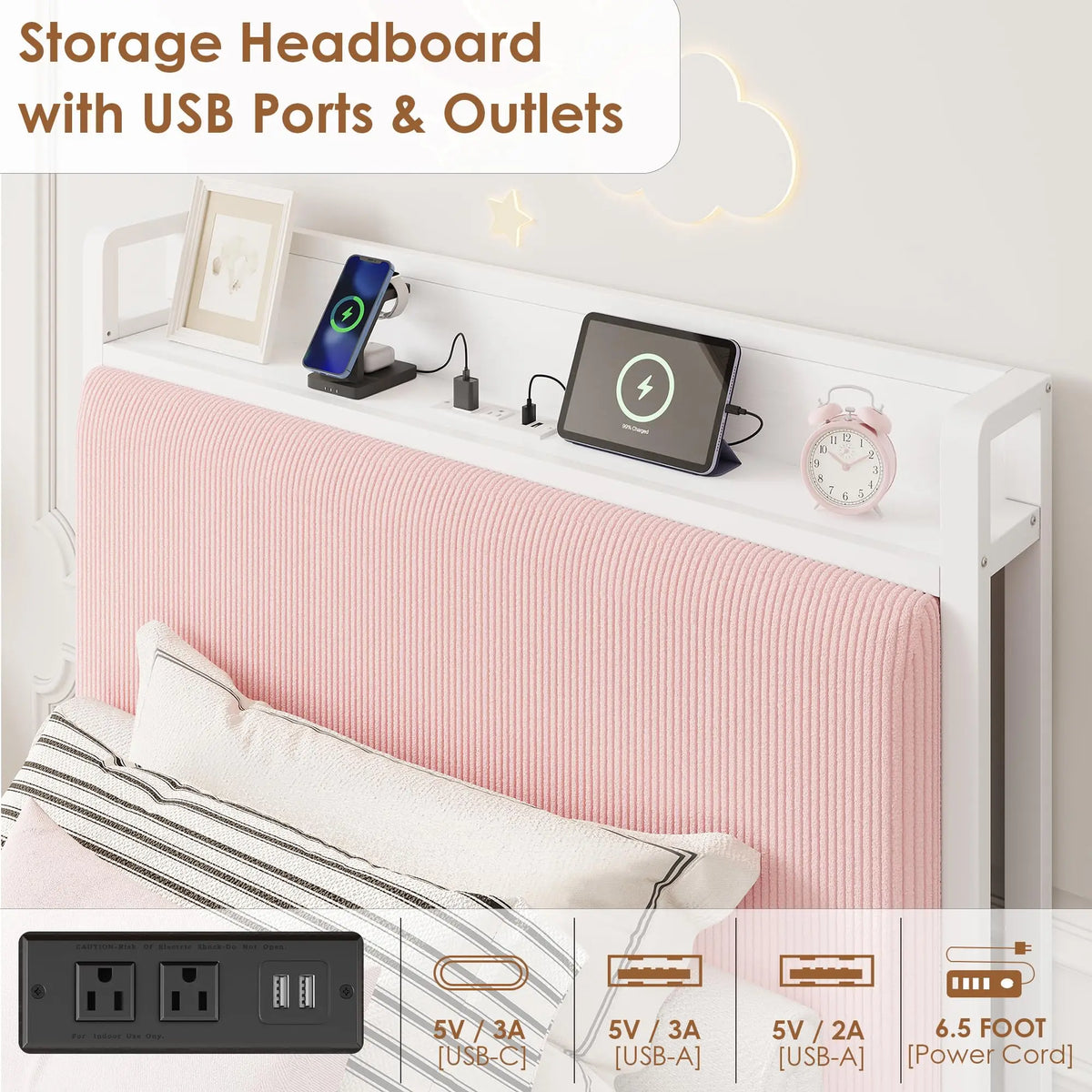 Twin/Twin XL Bed Frame With 2 Drawers, Charging Station, Corduroy Upholstered Shelf Headboard, Underbed Storage, No Box Spring