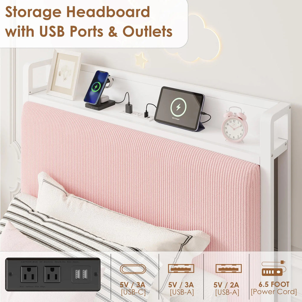 Twin/Twin XL Bed Frame With 2 Drawers, Charging Station, Corduroy Upholstered Shelf Headboard, Underbed Storage, No Box Spring