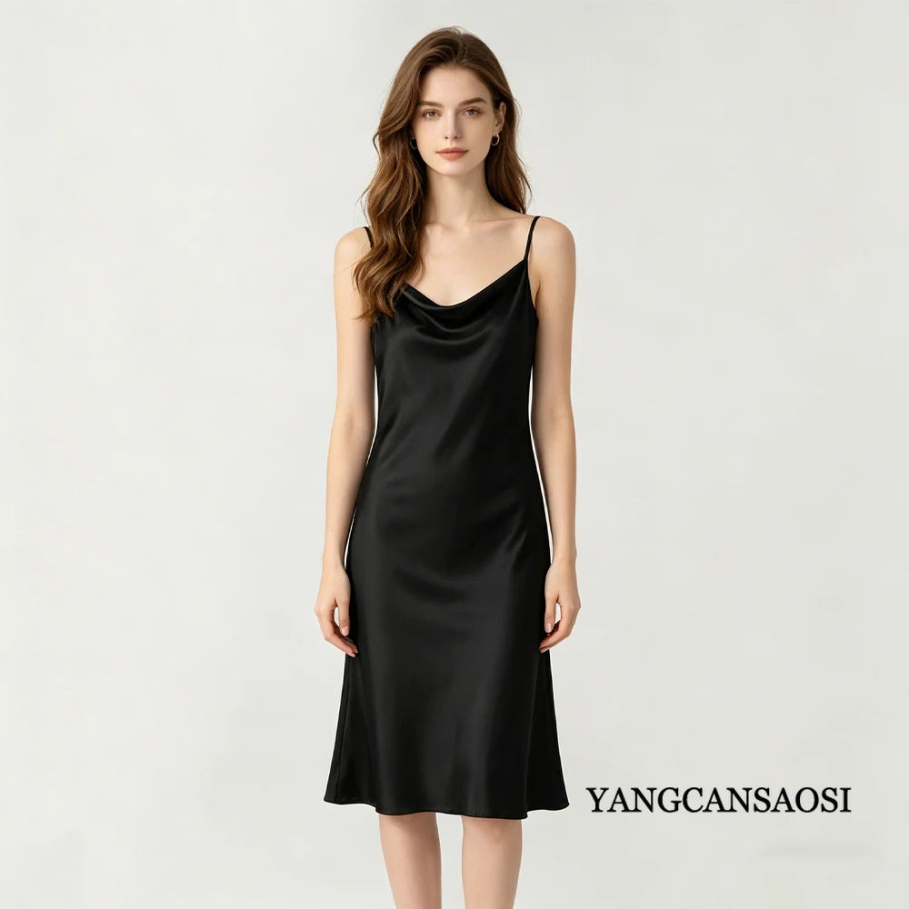Women's Summer New Style French 100% Natural Mulberry Silk Plain Satin Swing Collar Temperament Camisole Slim Fit Party Dress