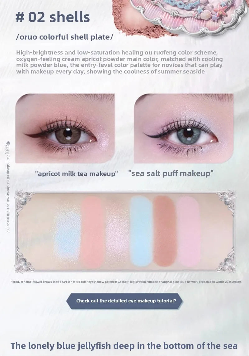Flowerknows 6 Color Eye Shadow Palette Shell's Jewel Matte Pearl Metallic Glitter Eyeshadow Makeup Long-Wearing for Eyes