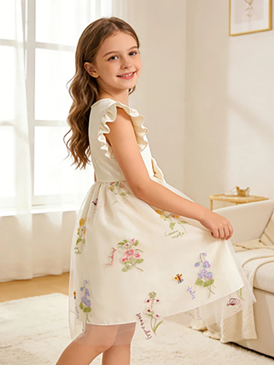 Girls' Off-White Floral Tulle Princess Dress, Summer Flutter Sleeve Dress with Big Bow