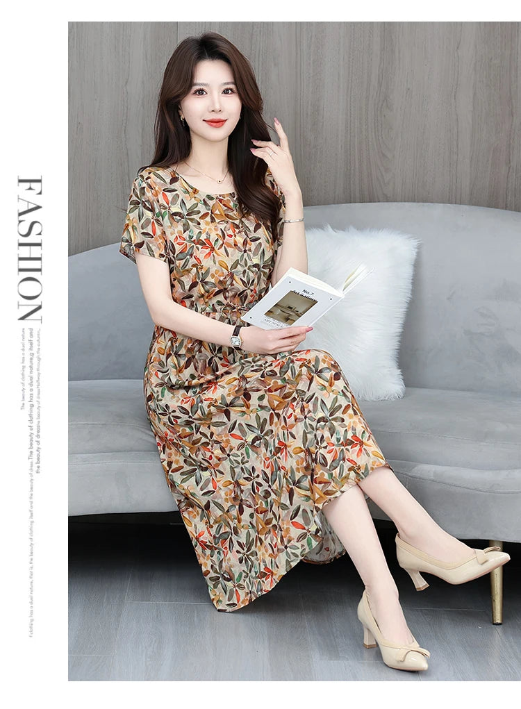 New Elegant Floral Dress  Bohemian plus Size Women Summer Short Sleeve Clothing with Large Hem for Casual Occasions