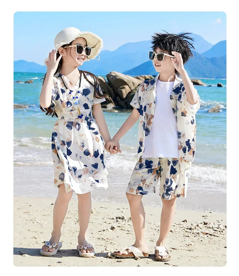 2025 Mom and Daughter Short Sleeve Dress Holiday Summer Family Vacation Look Clothes Dad and Son Shirts Two Piece Outfits Sets