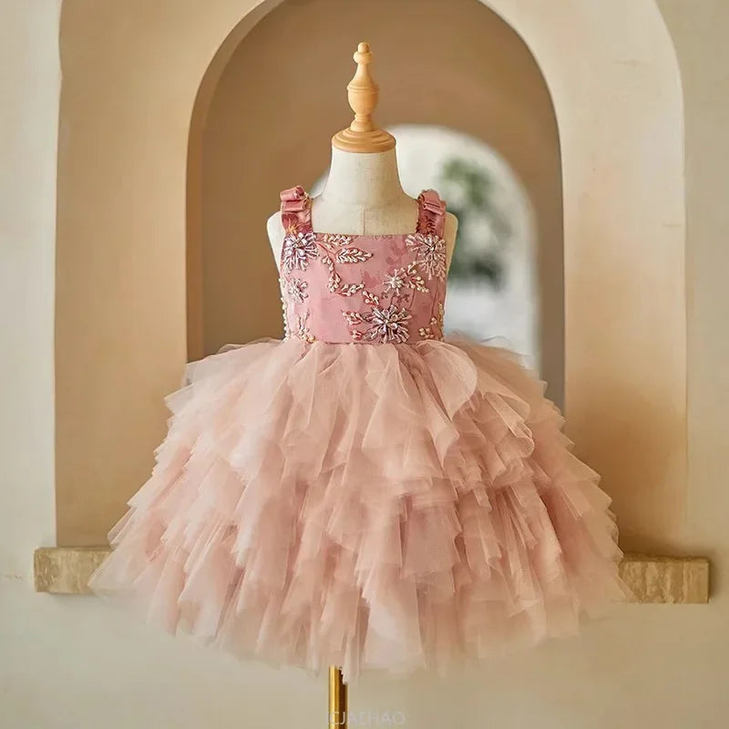 Party Dresses For Girls Vestido Children Pink Strapless Kids Tulle Tutu Gown Costume Dress Celebration Outfit Matching Birthday