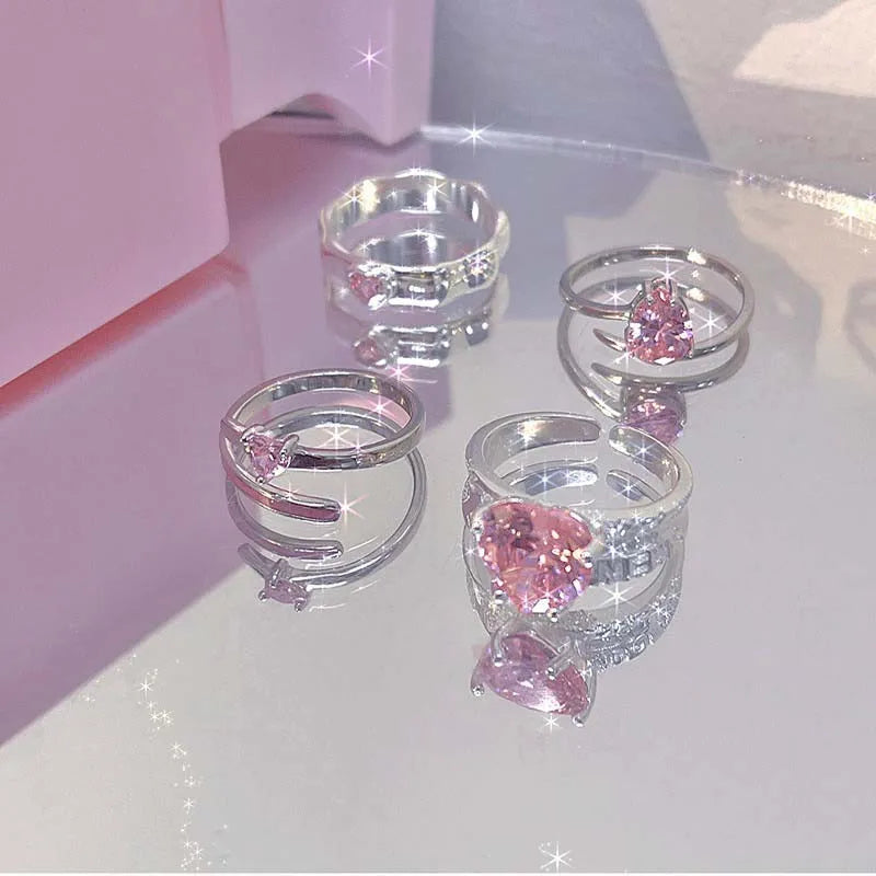 2025 Kpop Pink Zircon Heart Open Ring for Women Girls Luxury Blue Opal Heart Couple Finger Rings Wedding Y2K Jewelry
