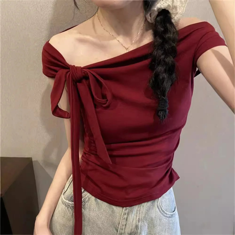 Sexy Spice Girl Shoulder Short Tshirt Women's Strap Slit Cleanfit Style Ladies' T-shirt Linen Fabric A-line Sleeve Other Mate...