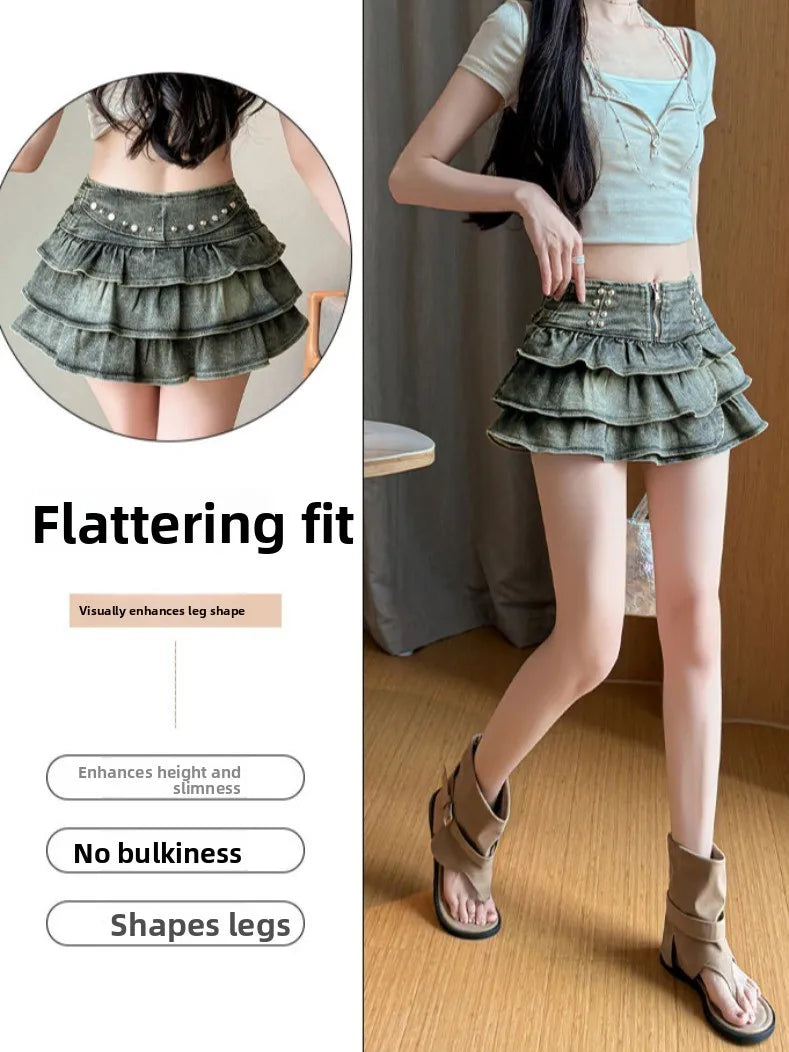 American Style Spicy Girl Design Elastic Denim Cake Short Skirt Women's Summer Pure Desire High Waist Slimming Pleated  S...