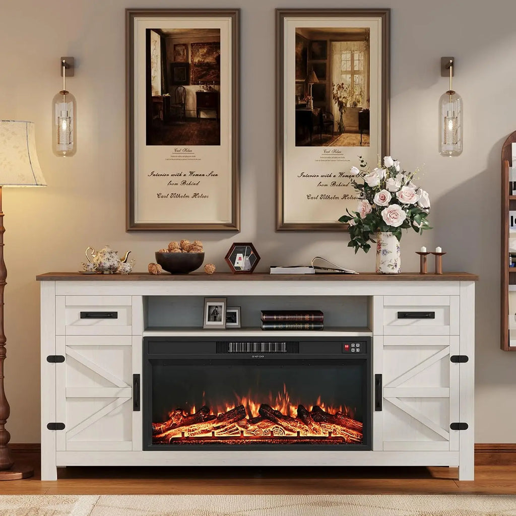 Fireplace TV Stand with Barn Door for TVs up to 80", Farmhouse Fireplace Entertainment Center with Storage, Customized