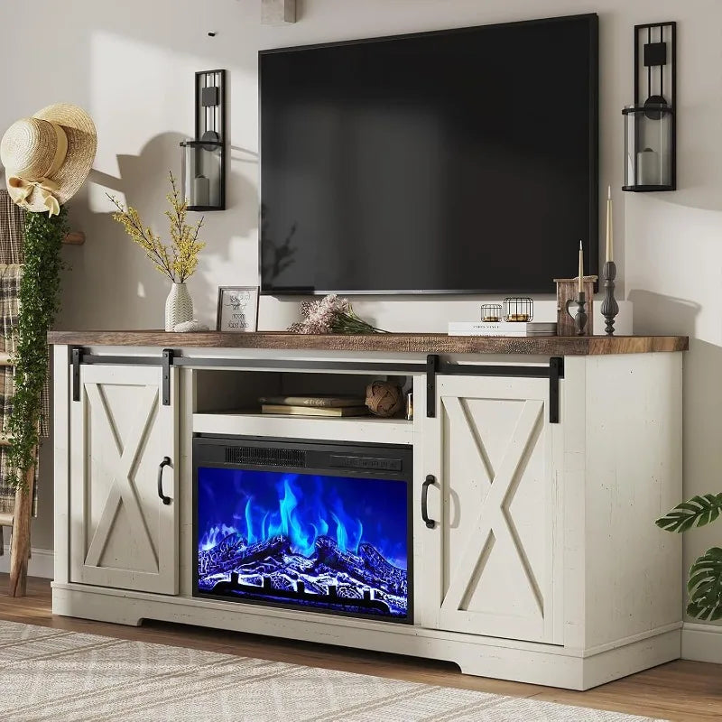 AMERLIFE Fireplace TV Stand with Sliding Barn Door Farmhouse Fireplace Entertainment Center with Storage Cabinets/Adjustable