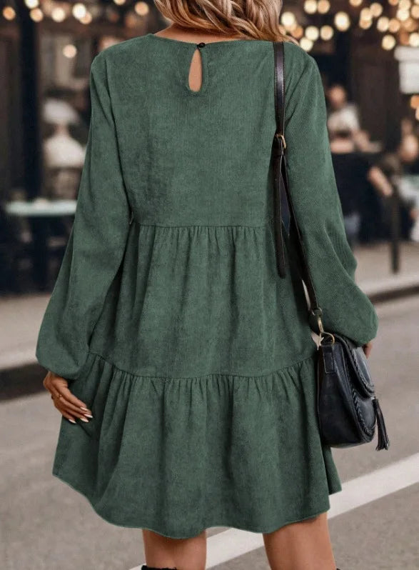 Women's Long Sleeve Tiered Ruffle Mini Dress, Casual Round Neck Solid Color Swing A-Line Dress for Autumn Winter Daily Wear