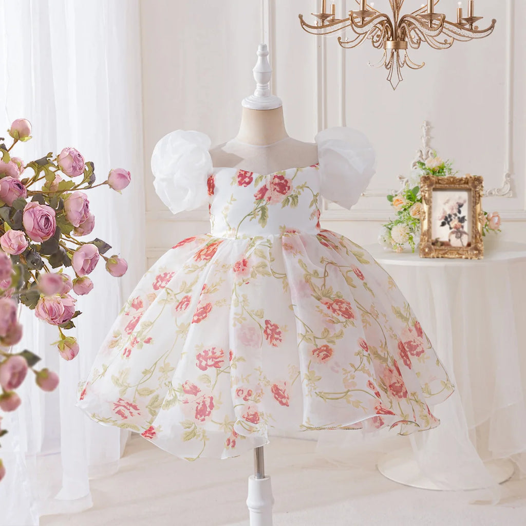 HETISO Girls Floral Chiffon Dress Korean Style Casual Birthday Gown White One-piece Summer Dress for Kids 2-10 Years