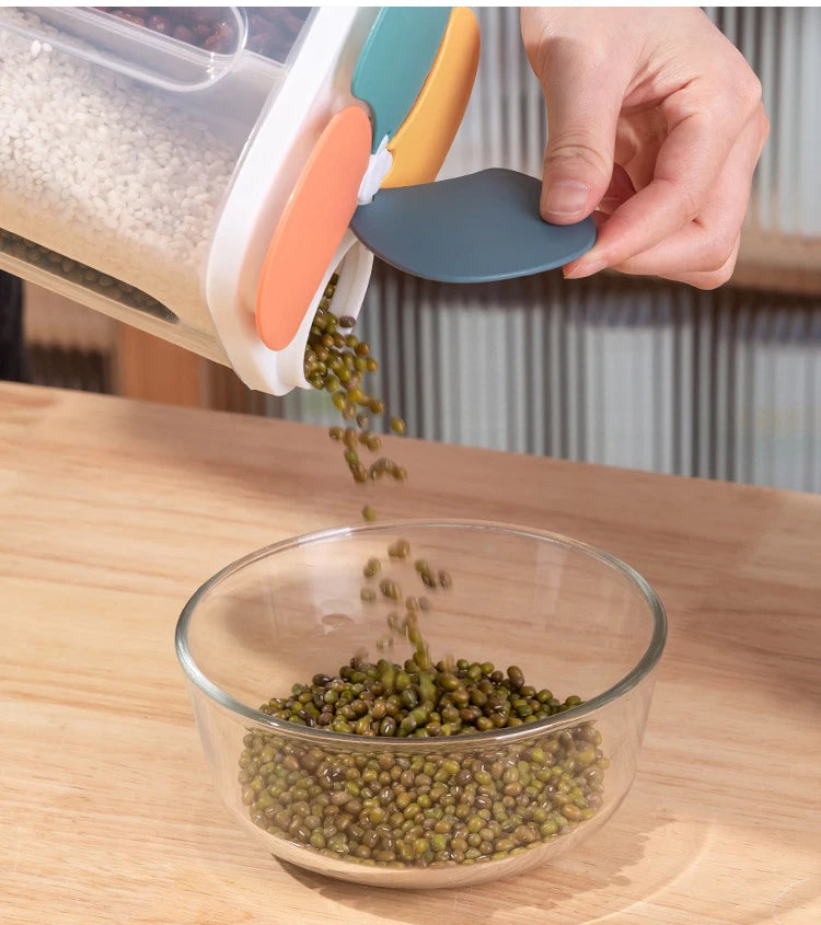 Caja de almacenamiento de cereales para cocina, de plástico, con 4 compartimentos, tarro sellado para cereales, recipiente para alimentos, tanque de grano a prueba de humedad, caja para mantener frescos los espaguetis