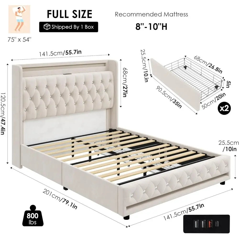 HIIT ull LED Bed e with Charging Station and 2 Storage Ders, Velvet Upholstered Platorm Bed with Handcrated Crystal Button Wingb