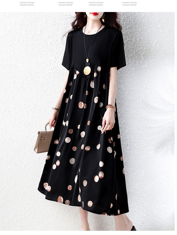Summer New plus Size Polka Dot Dress Color Block Loose Fitting Slimming Effect Casual Commute Style Women's Dress
