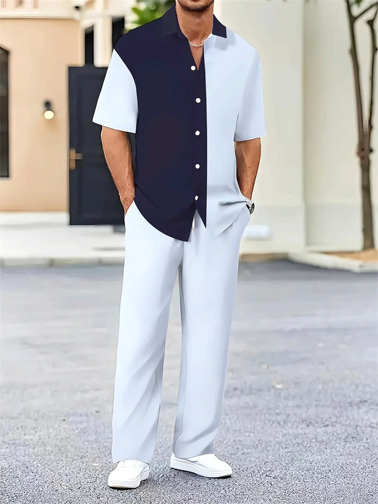 Mens Geometric Color Block Short Sleeve Two Piece Set For Autumn Casual Comfort And Fashion