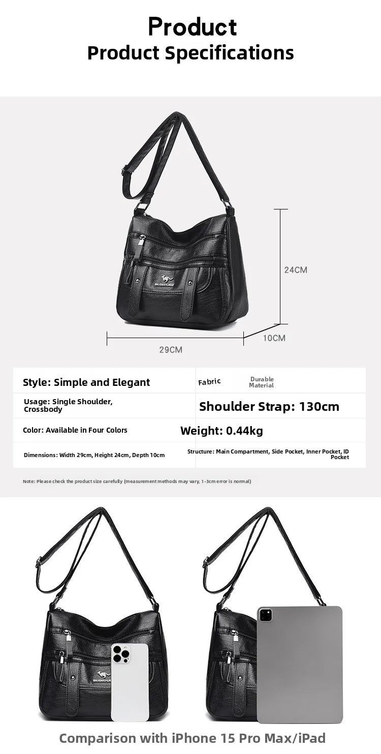 Trendy Women's Soft Leather Shoulder Bag Large Capacity Diagonal Crossbody Bag Street Style Matron Bag Fashionable All-Match
